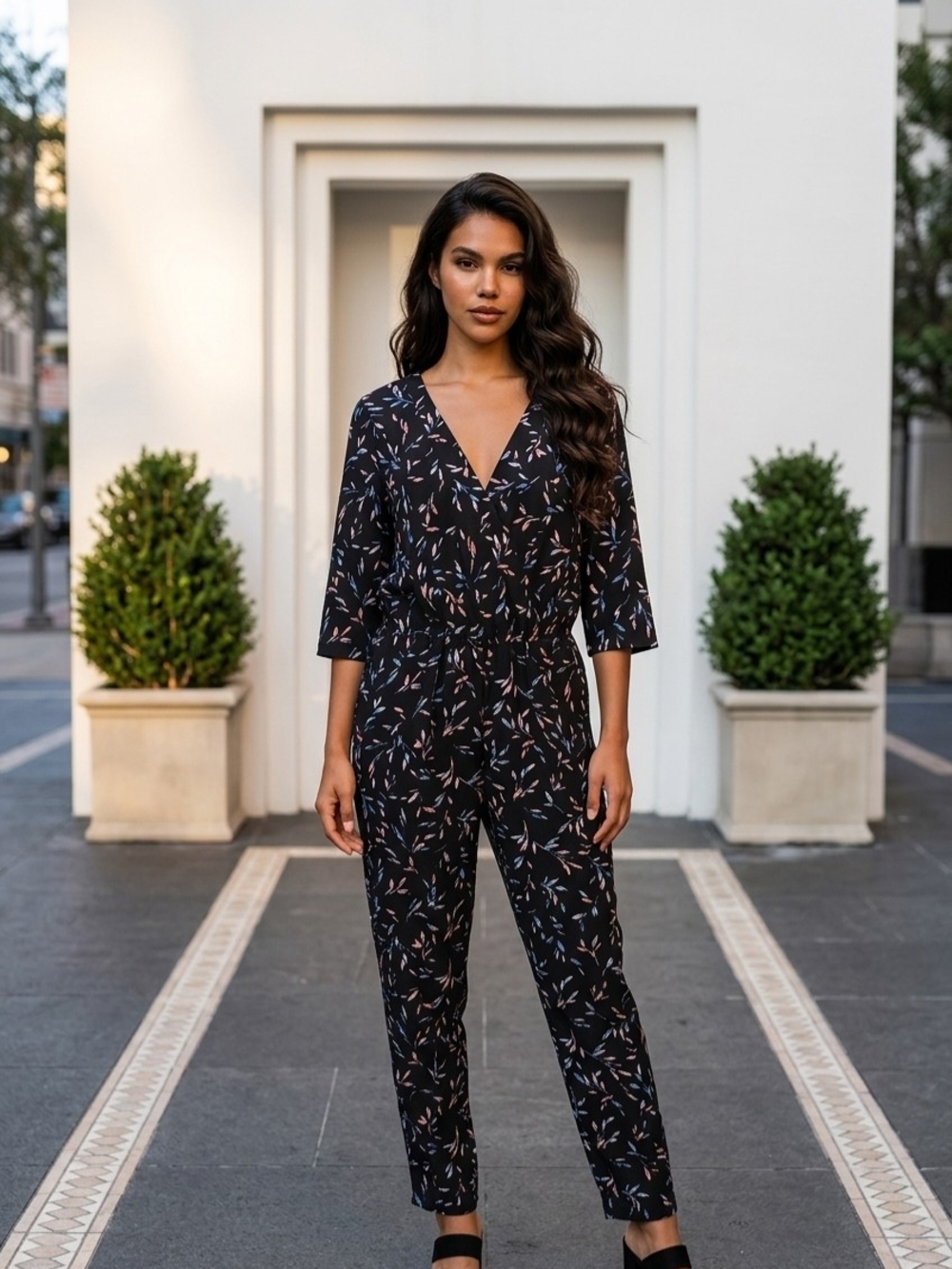 Reitmans Black V-Neck Printed Jumpsuit